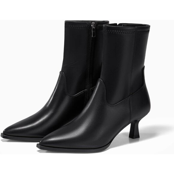 Women's Black Pointed Toe Ankle Boots Stacked Kitten Low Heel Side Zipper - Picture 4 of 6